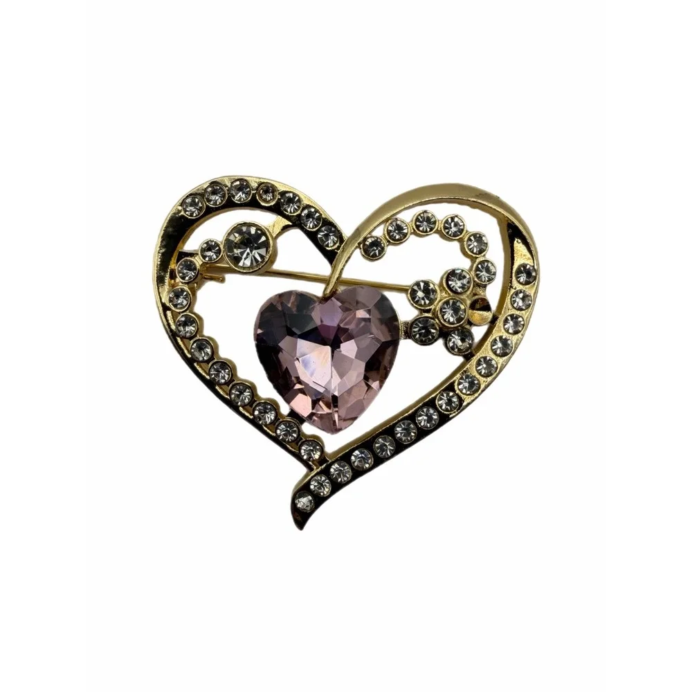 Gold Tone Purple Crystal Heart Brooch Rhinestone Openwork Pin Jewelry